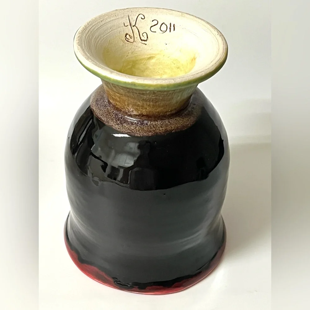 Handmade Studio Art Pottery Ceramic Red Brown Green Flower Vase Signed 5.5